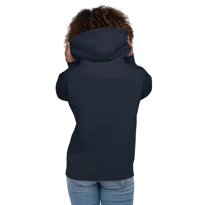 Navy blue hooded sweatshirt.