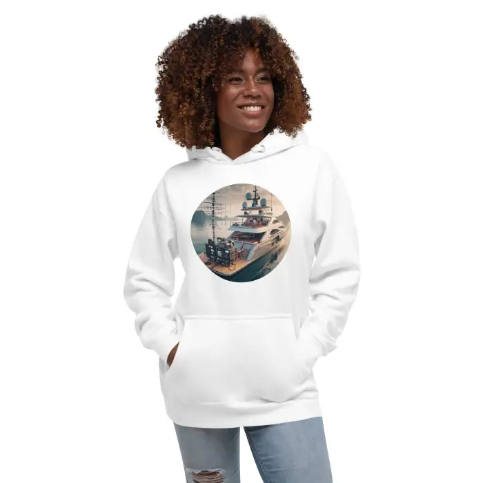 White hoodie with yacht design.
