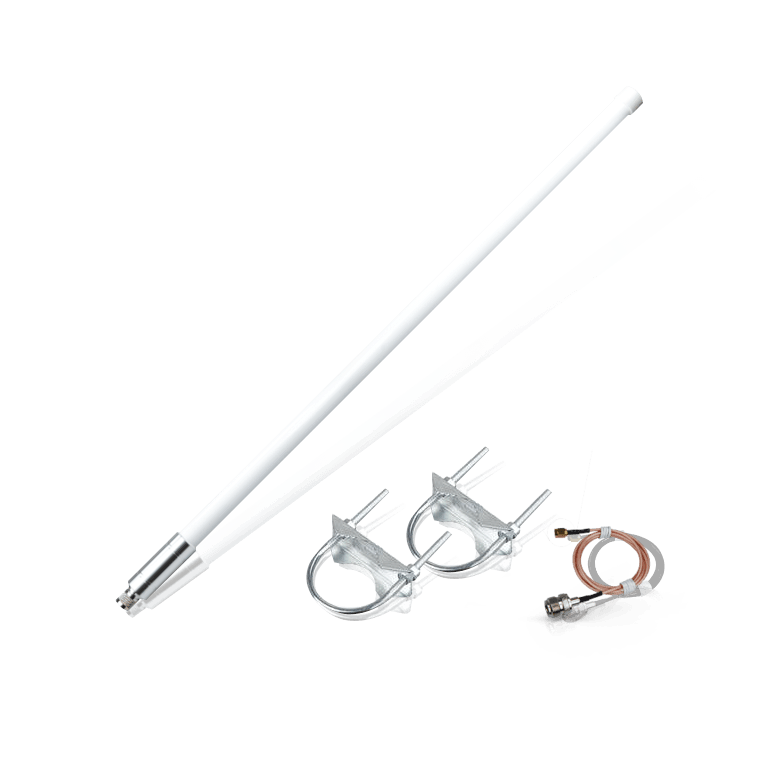 Two long white antennas with mounting hardware and cables.