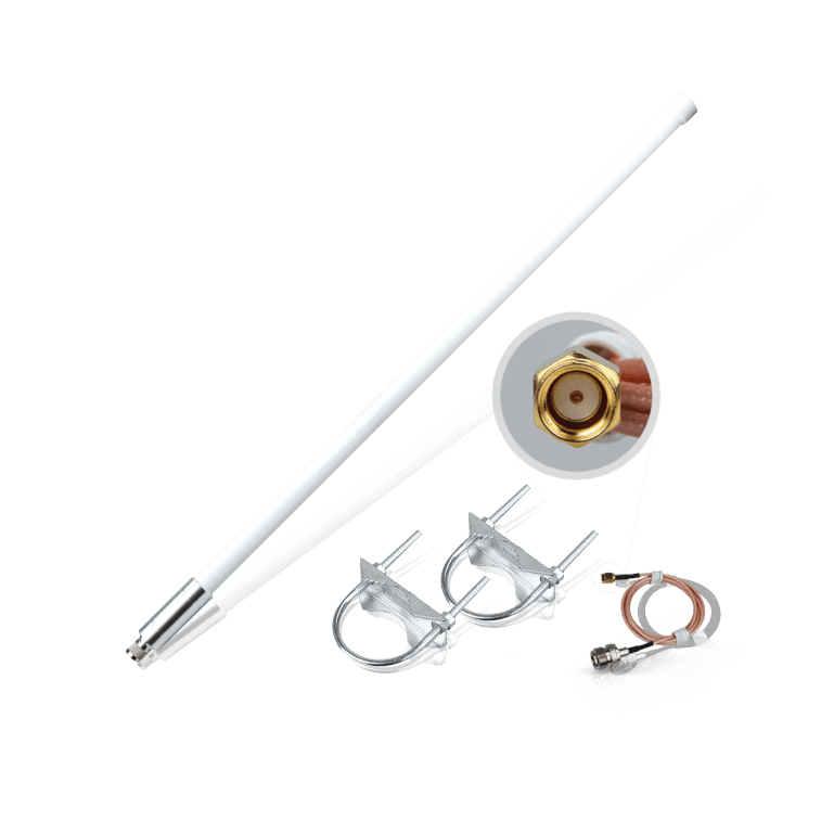 White omnidirectional antenna with mounting hardware and coaxial cables.