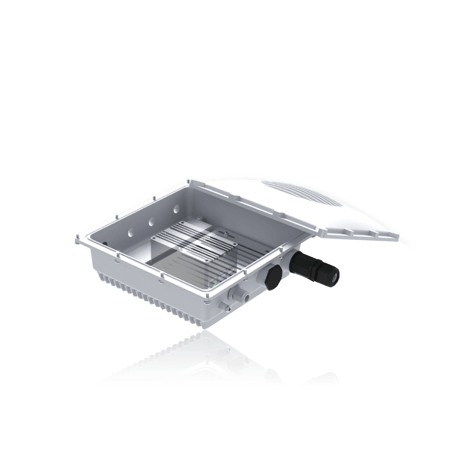 An open, light grey, rectangular outdoor electrical enclosure with a curved lid, featuring internal mounting points and multiple cable glands.