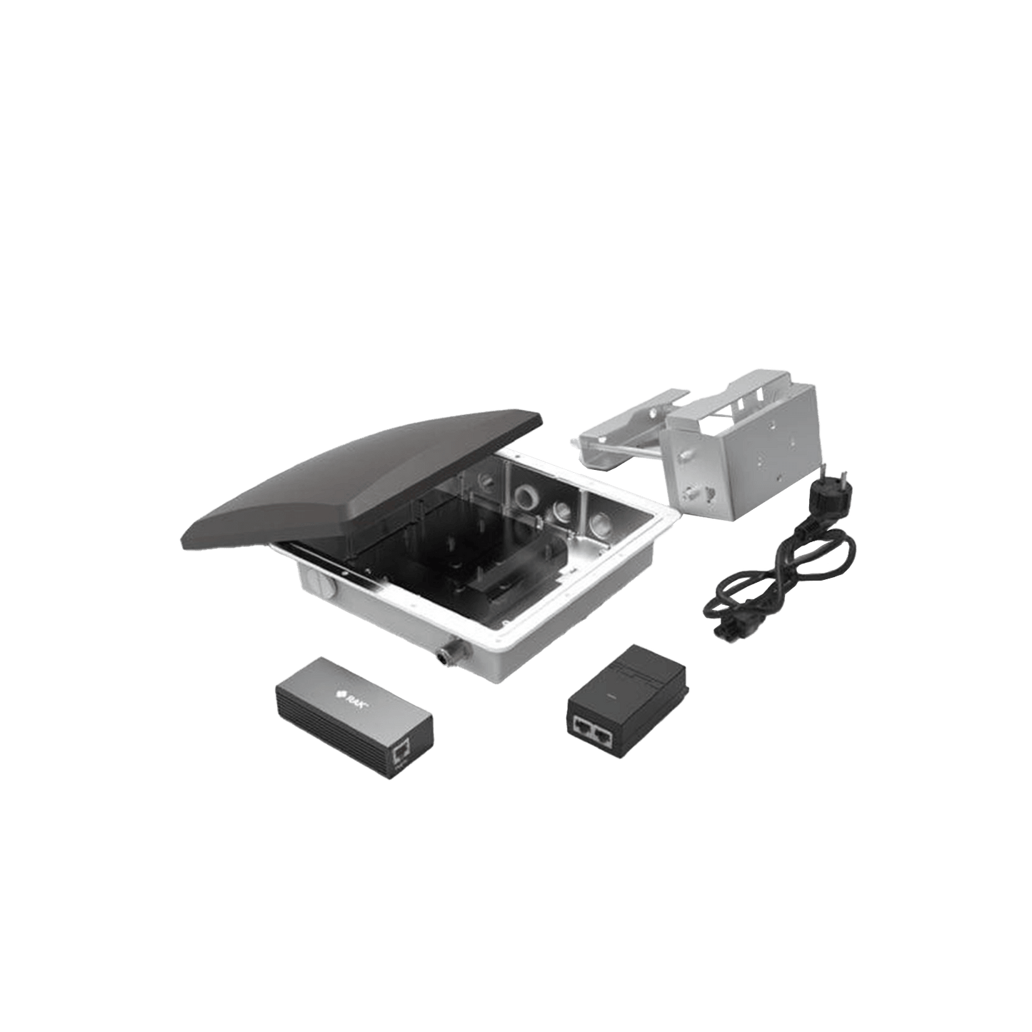 A collection of disassembled electronic components for an outdoor Wi-Fi access point, including an enclosure, antennas, and power accessories.
