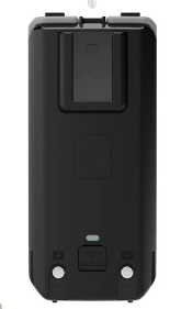 A black rectangular portable radio battery with top charging contacts and a belt clip.