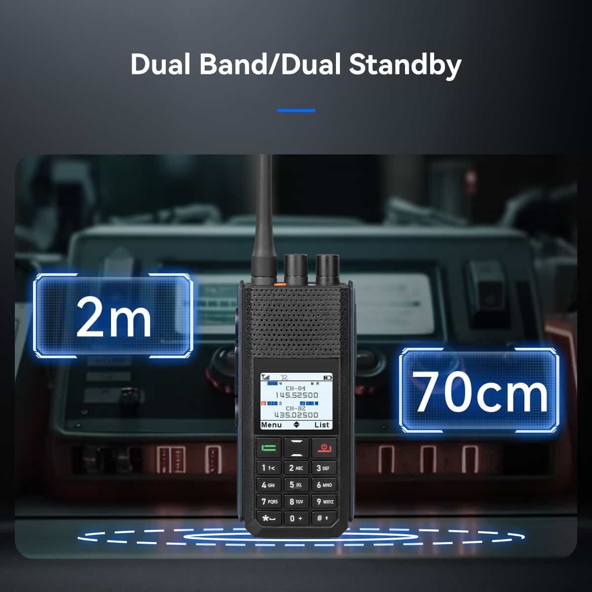 Black dual-band handheld transceiver.