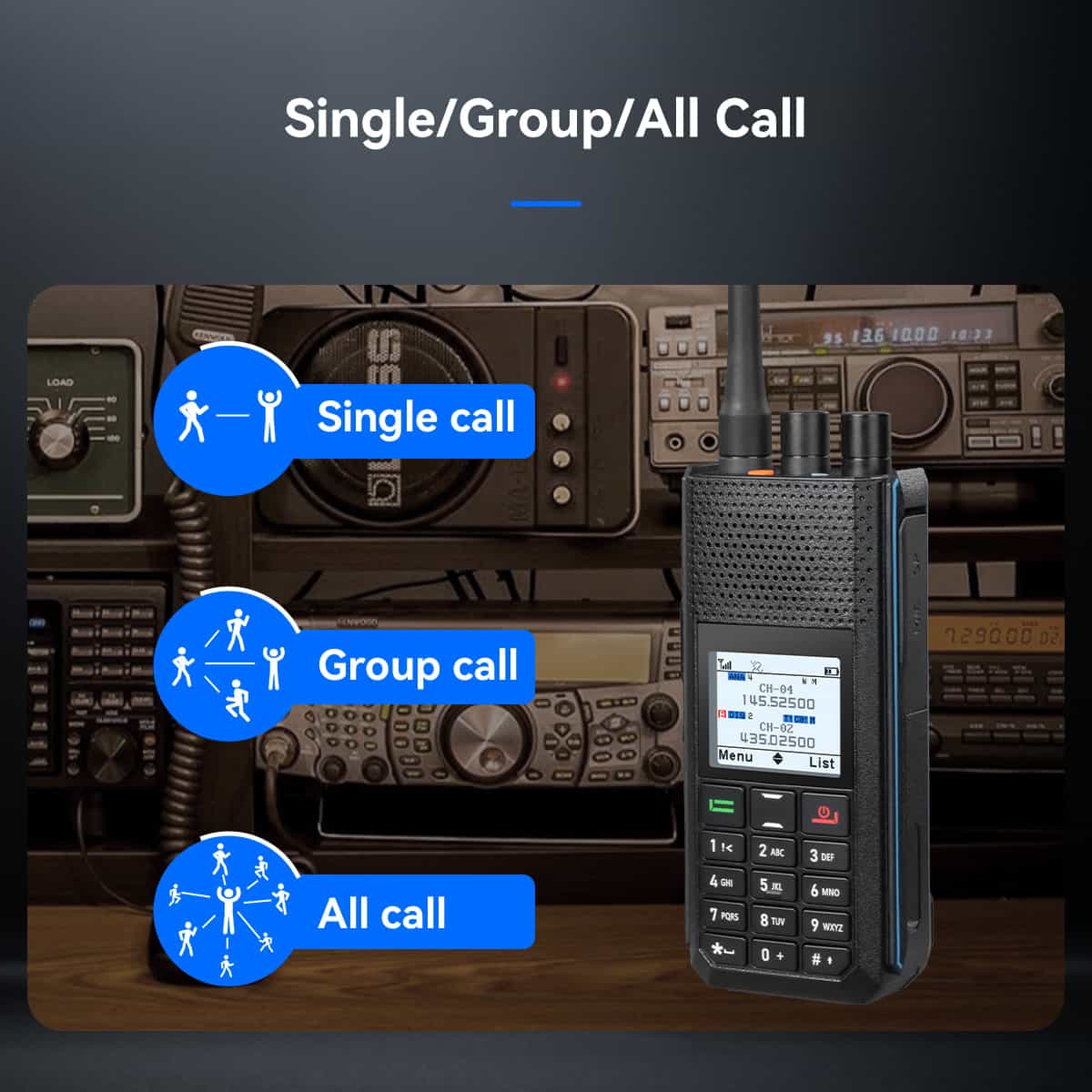 Black handheld two-way radio.