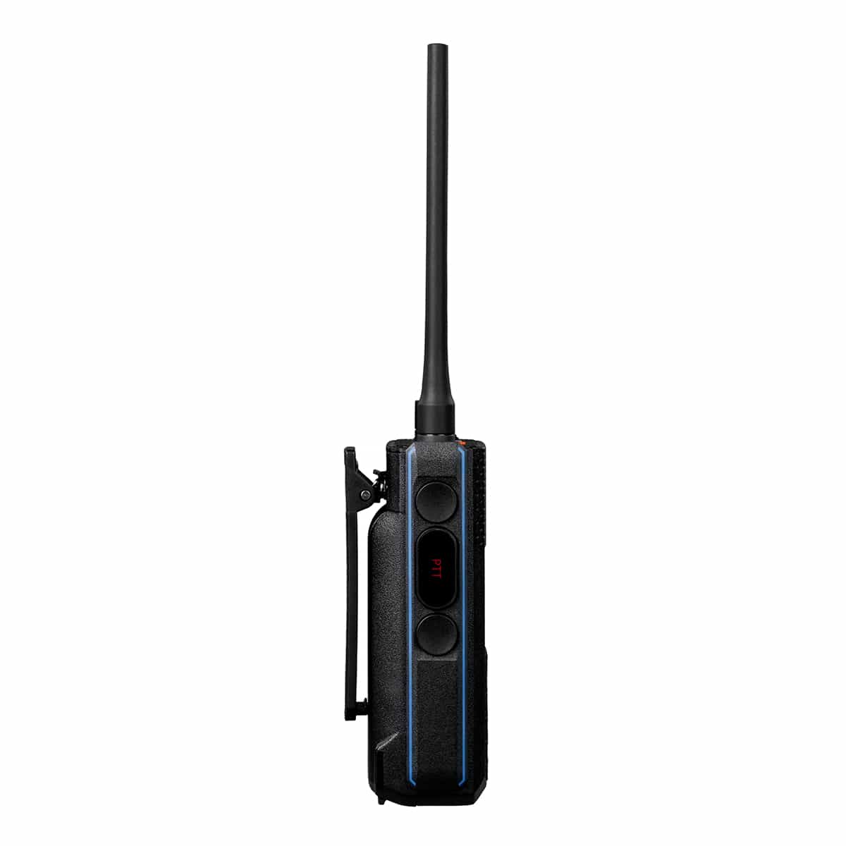 Black handheld two-way radio with antenna.