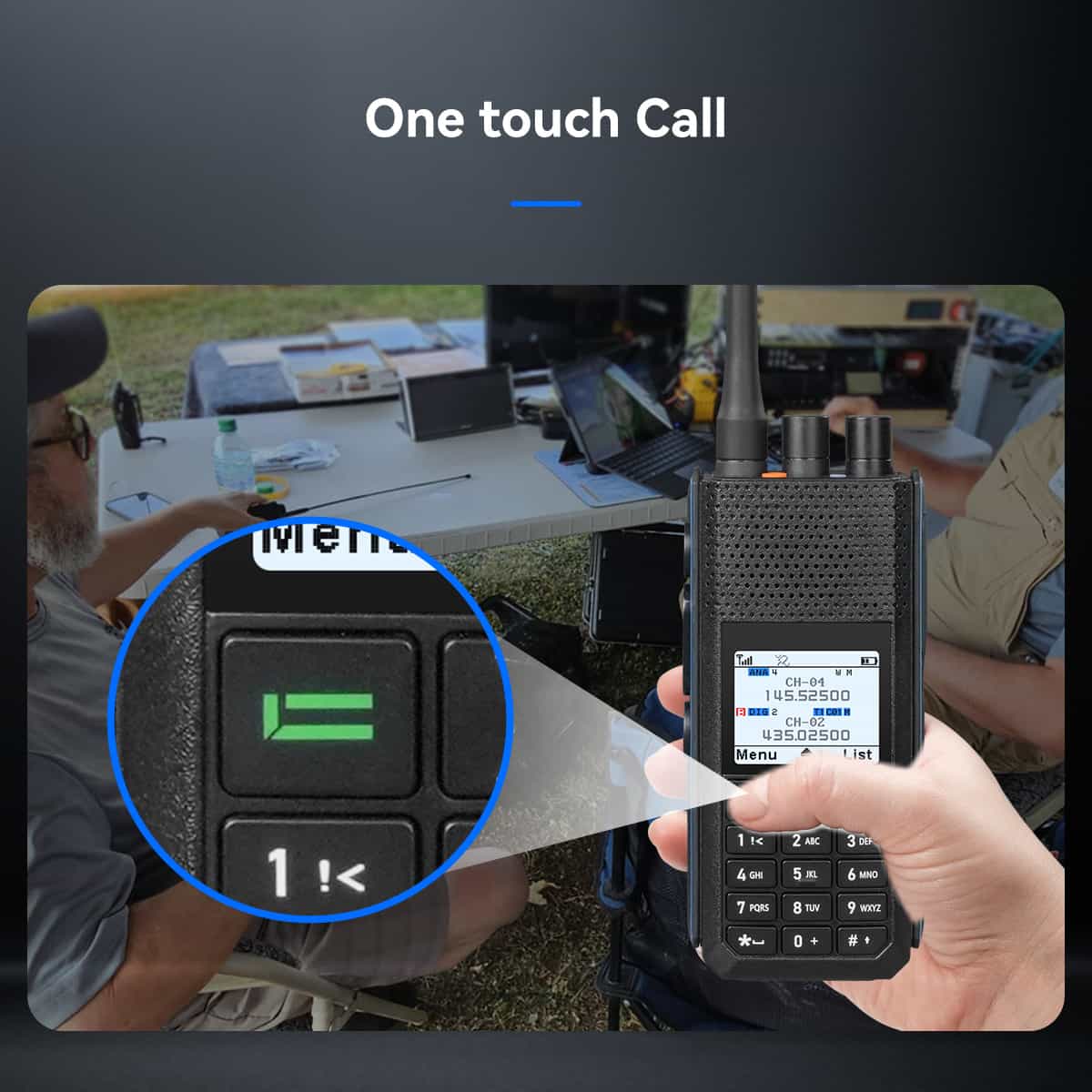 Black handheld two-way radio.