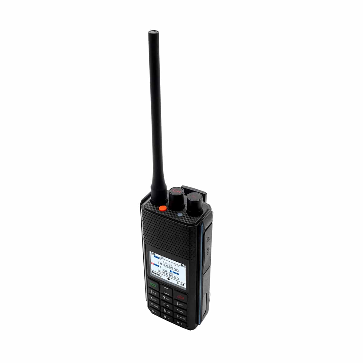 Black handheld two-way radio.