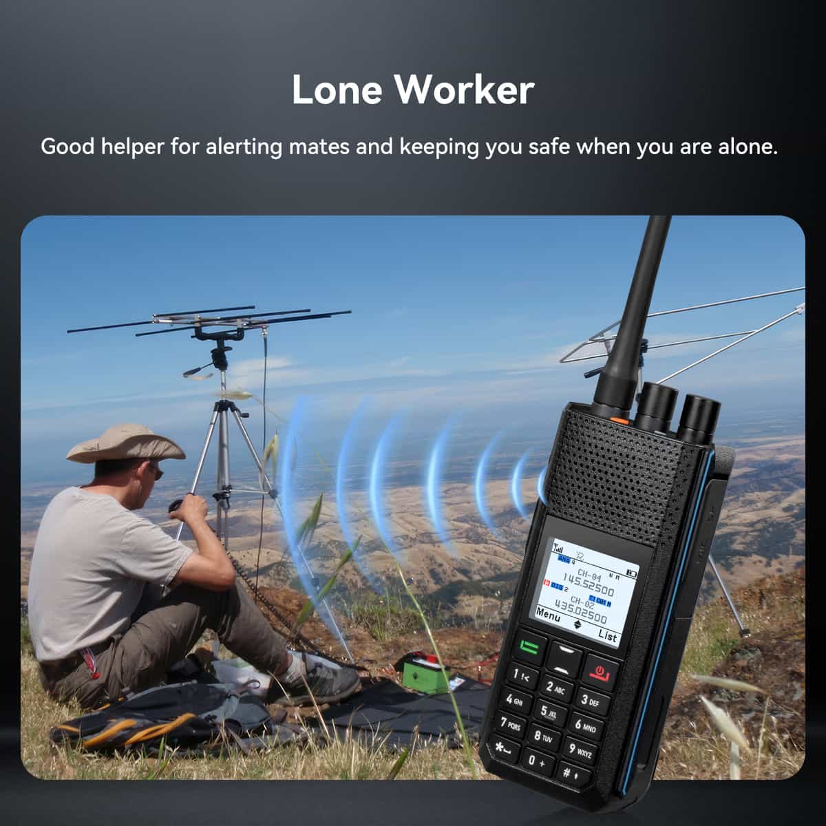 Black handheld two-way radio.
