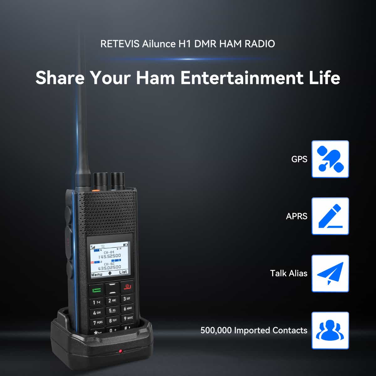 Black handheld two-way radio.