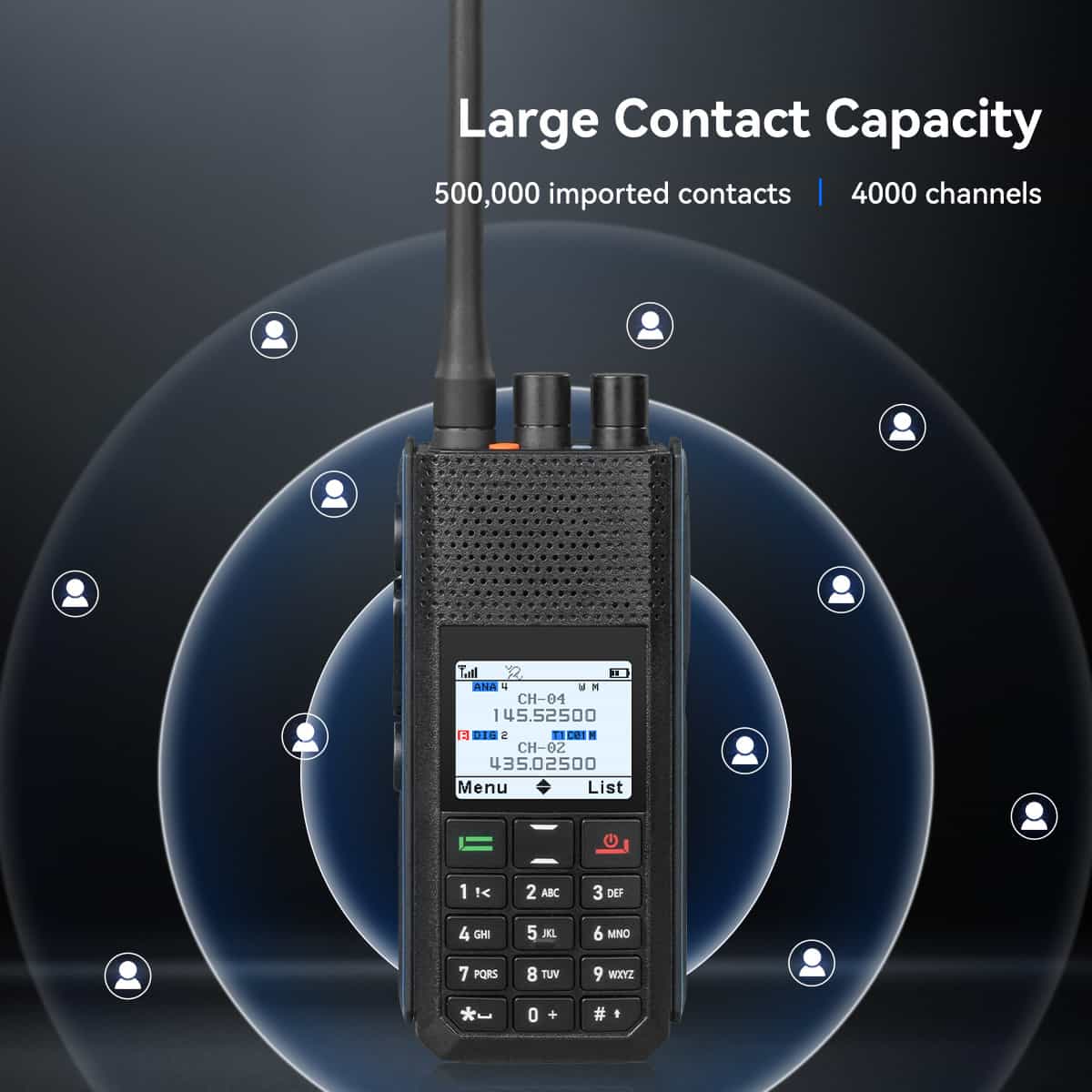 Black handheld two-way radio.