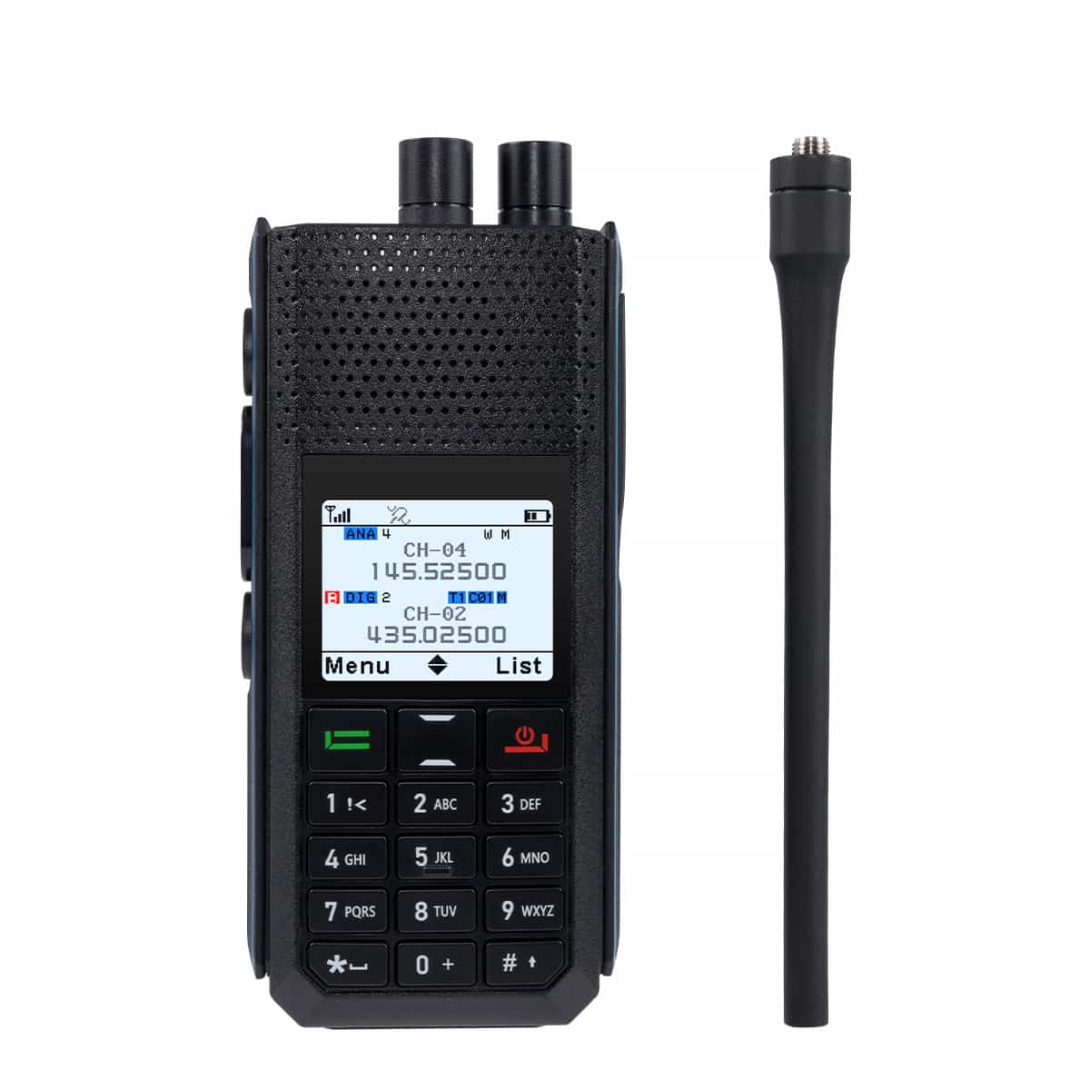 Black handheld two-way radio with antenna.