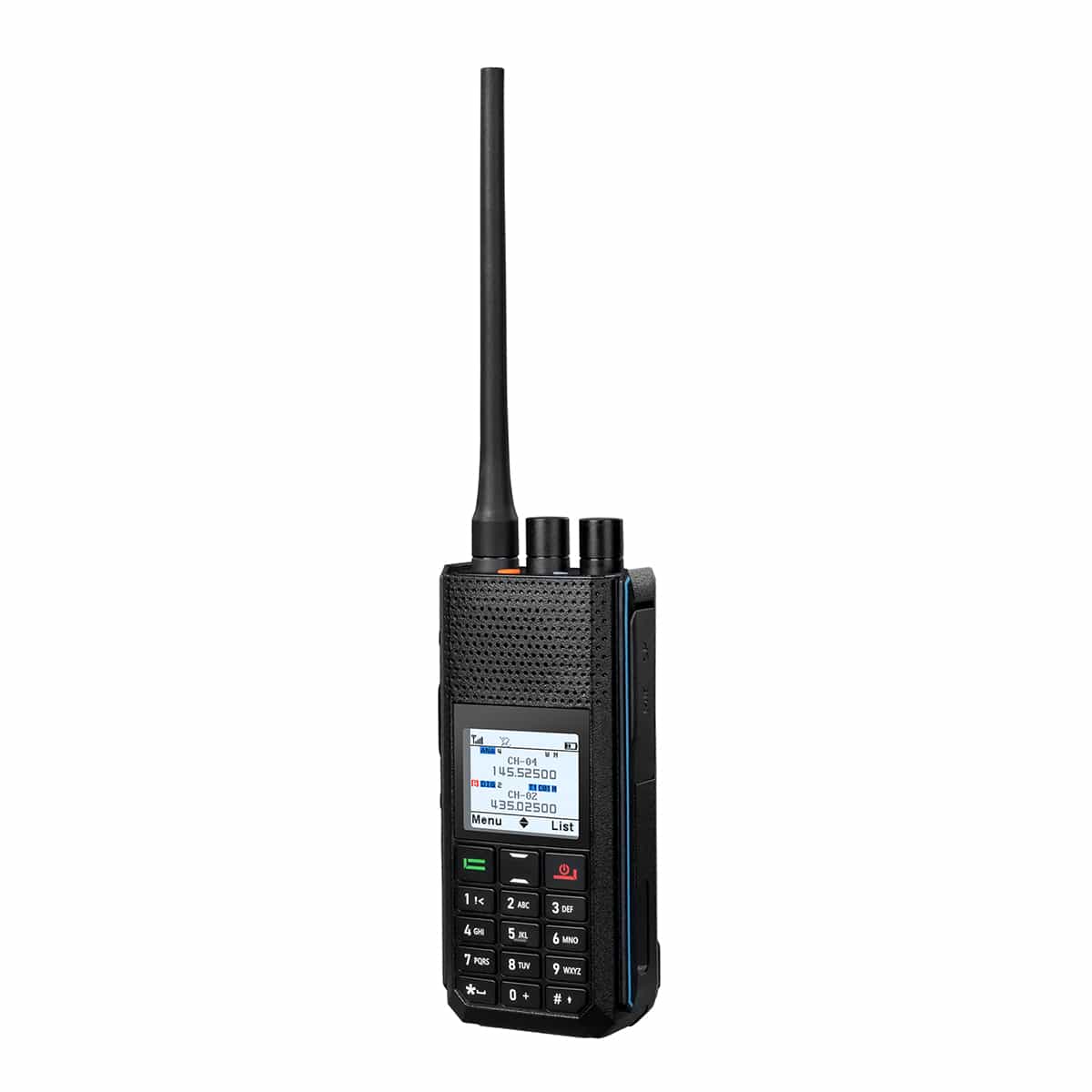 Black handheld two-way radio with antenna.
