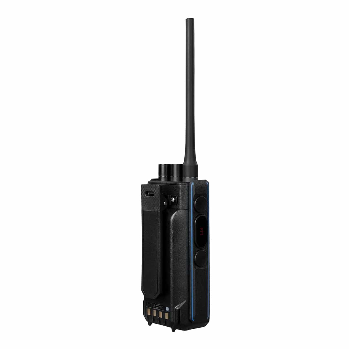 Black two-way radio with antenna.