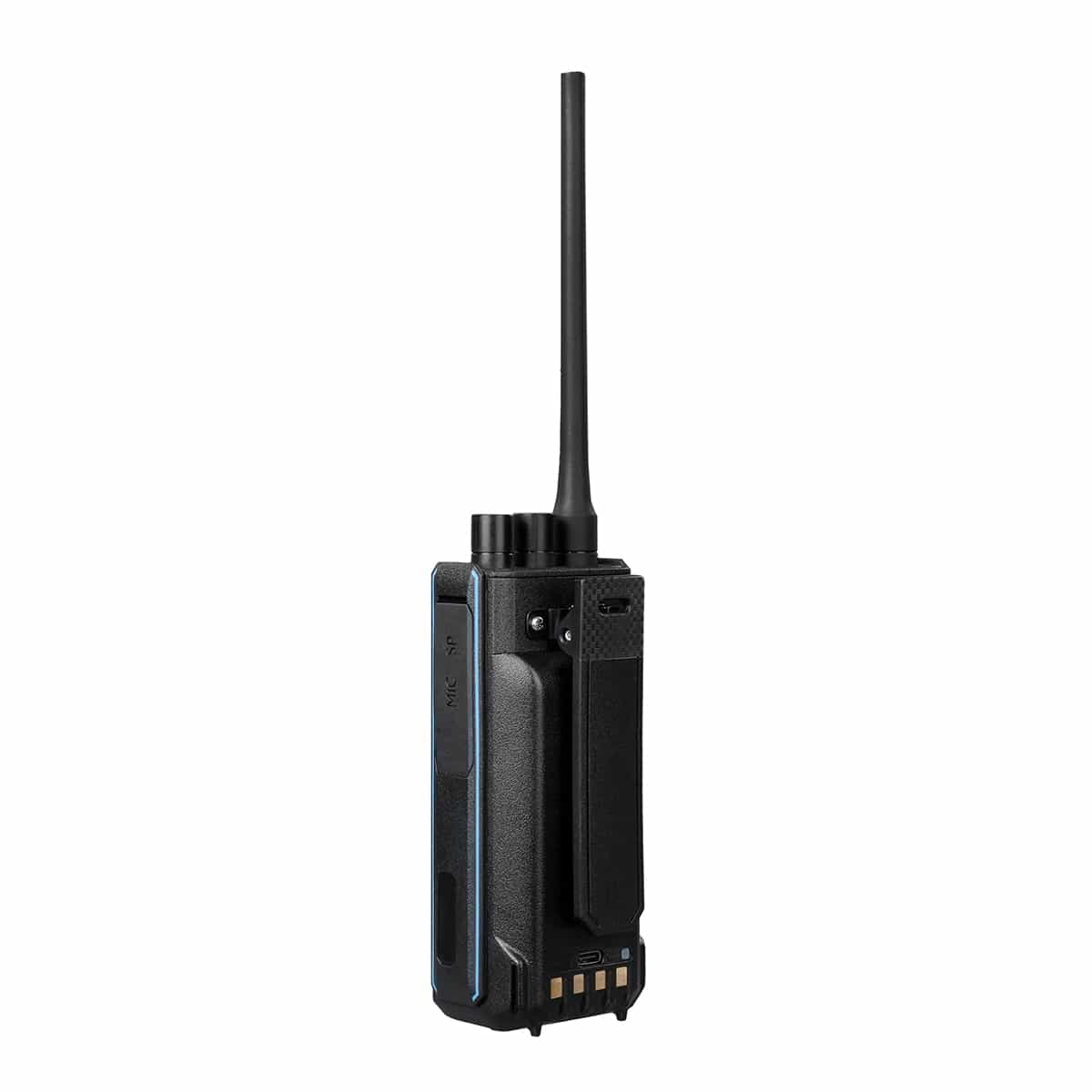 Black two-way radio with antenna.