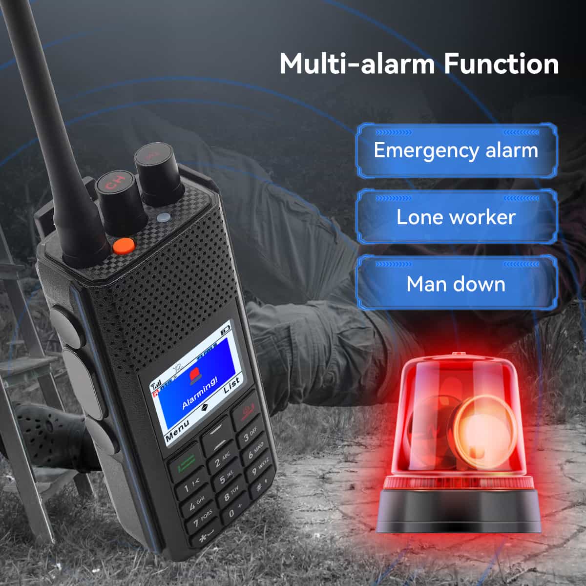 Black walkie-talkie with emergency light.