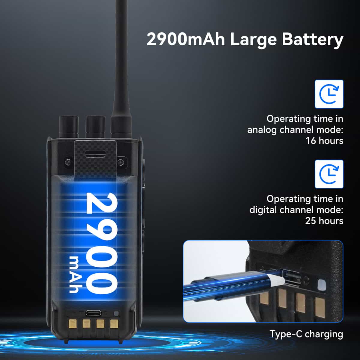 Two-way radio with large battery.