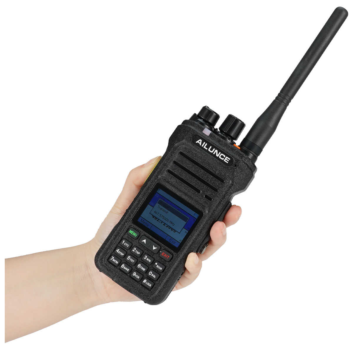 Black handheld two-way radio.