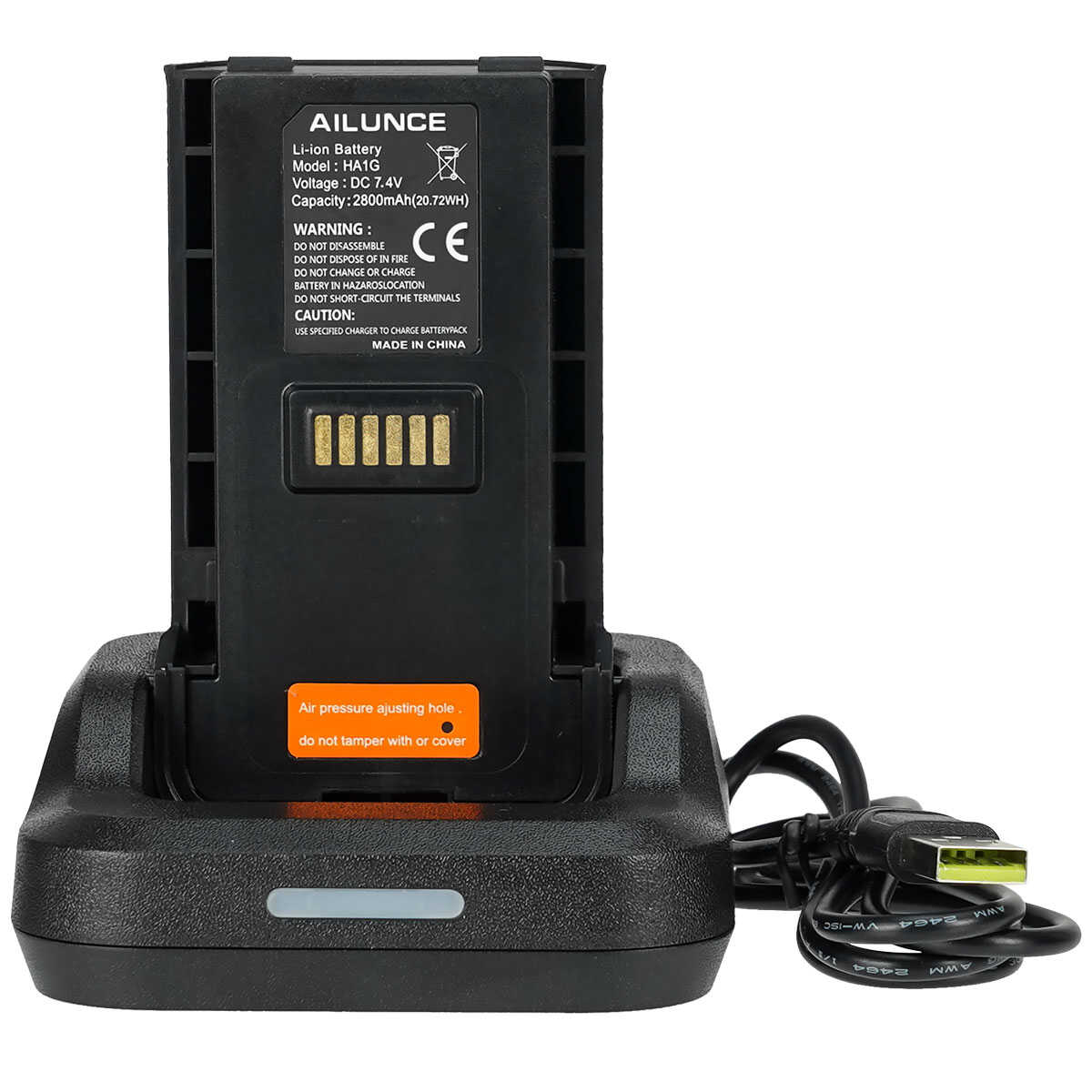 Black battery in a charging dock.