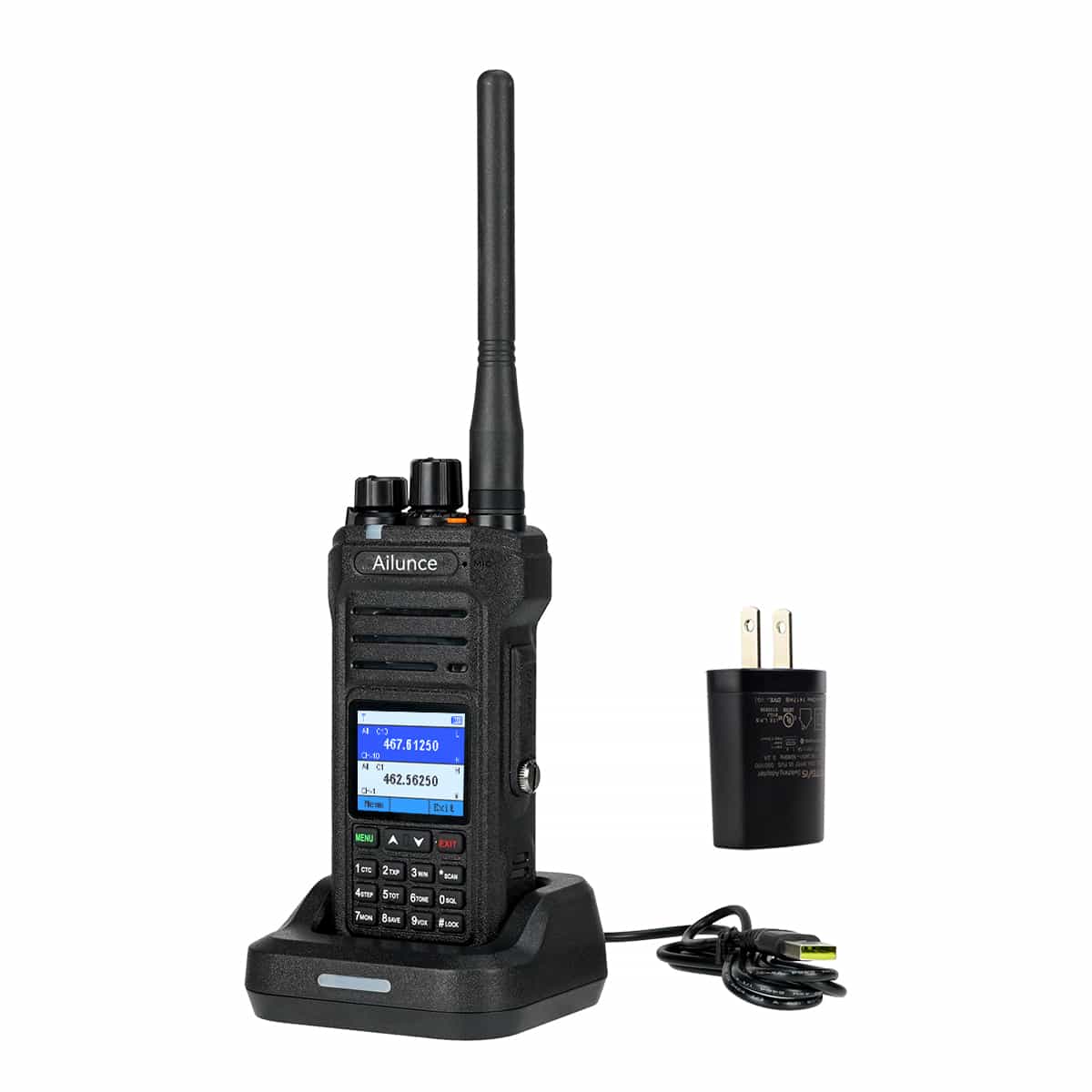 Black two-way radio with charging base and power adapter.