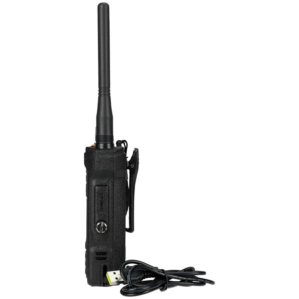 Black two-way radio with charging cable.