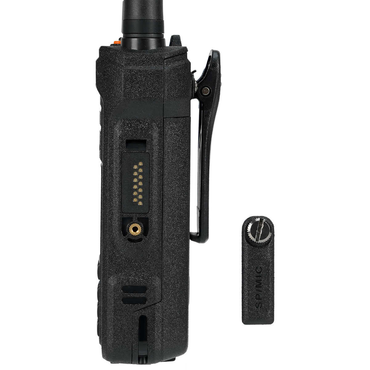 Black two-way radio with belt clip.