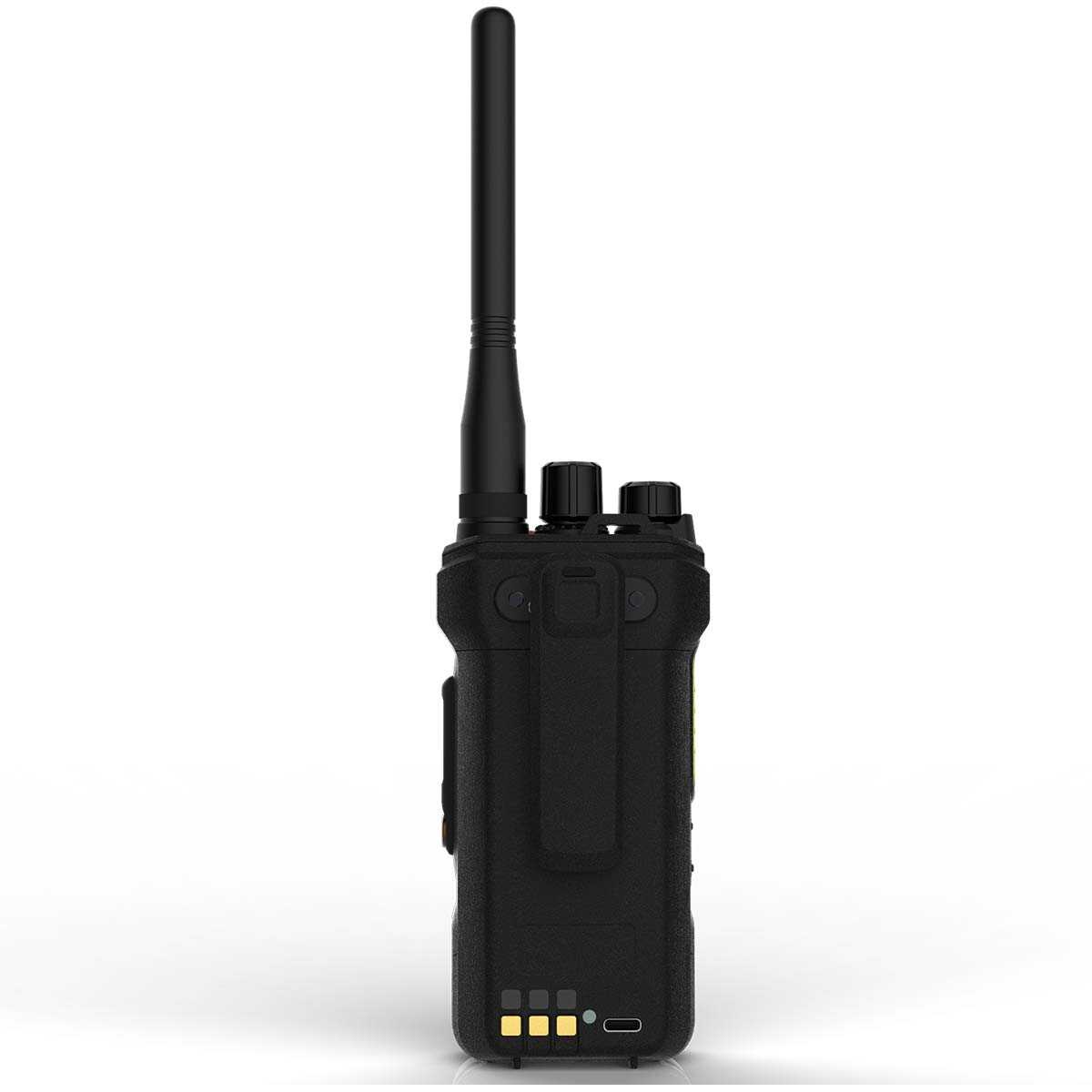 Black two-way radio with antenna.