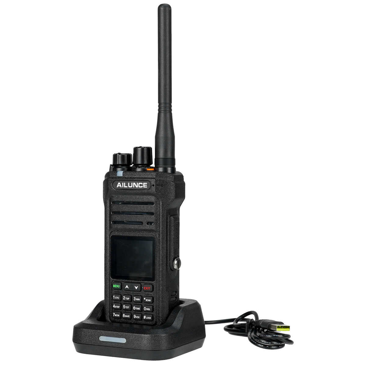 Black two-way radio with charging dock.