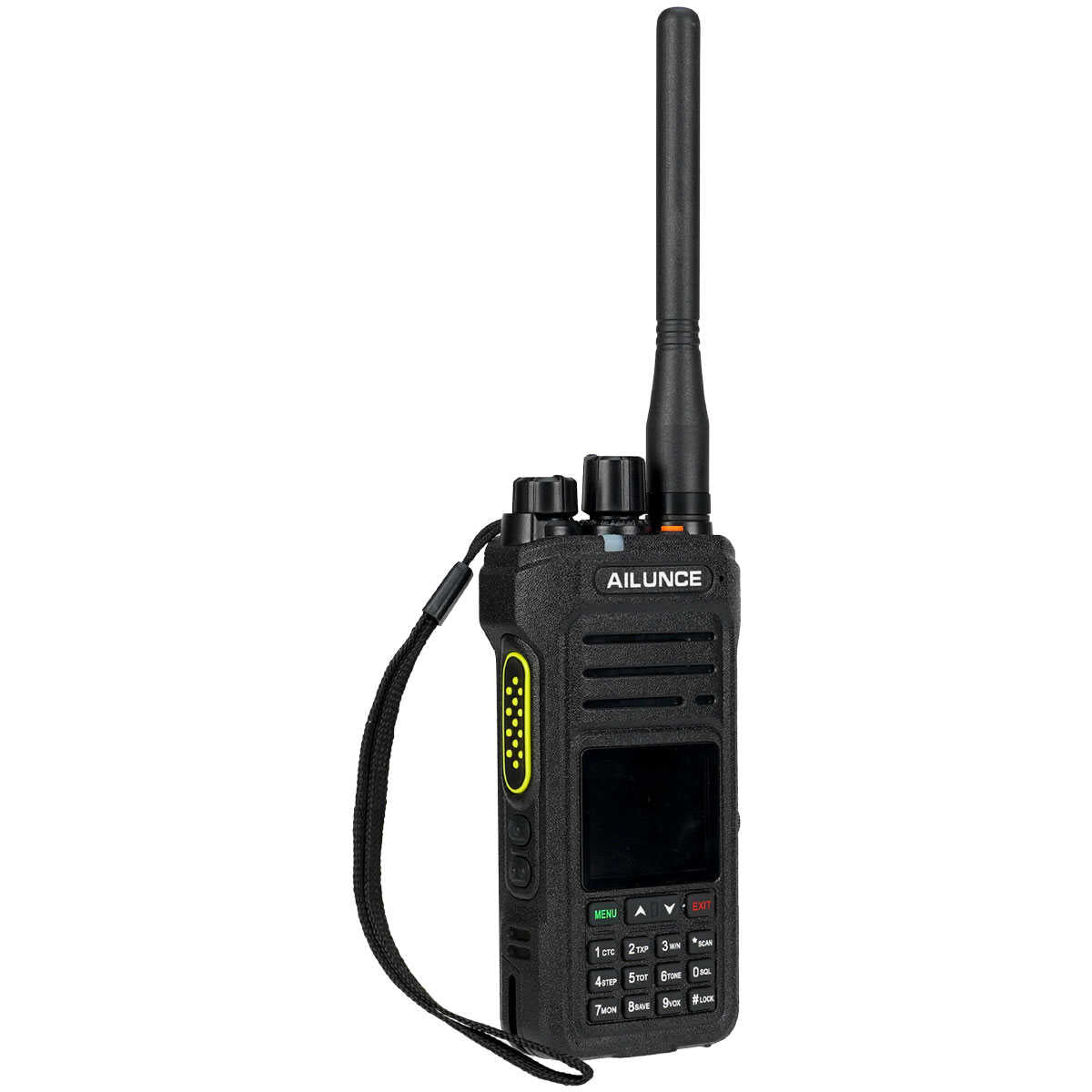 Black handheld two-way radio.