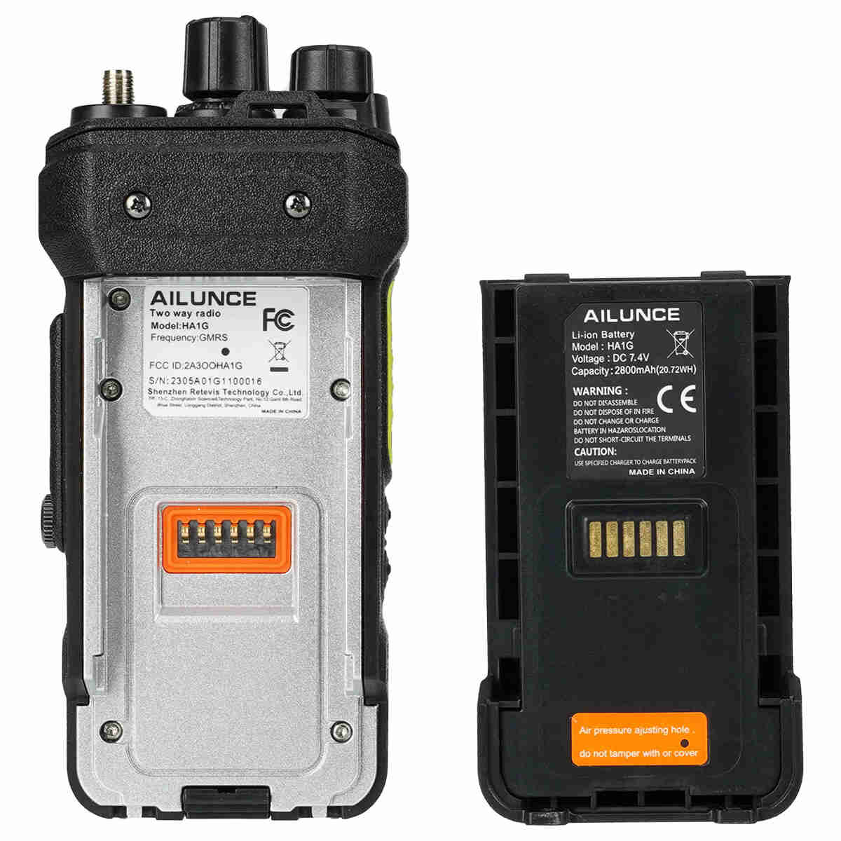 Two-way radio and battery.