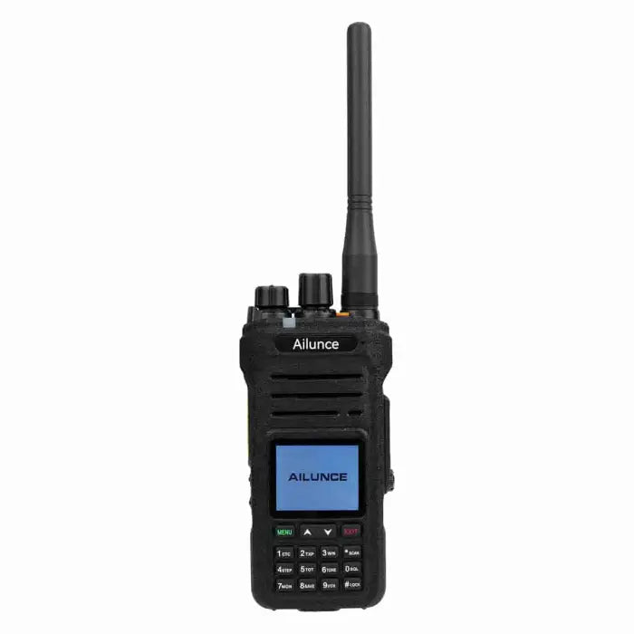 Black two-way radio with antenna.