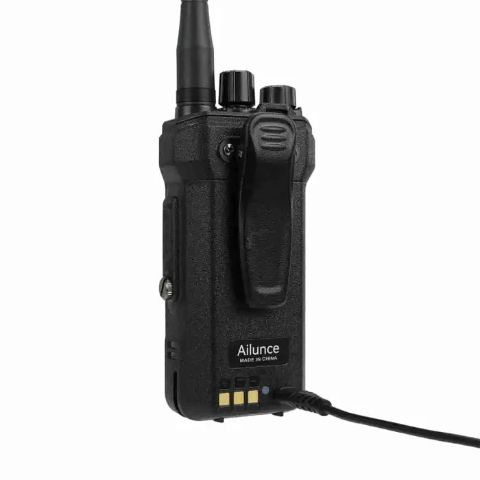 Black two-way radio with antenna.