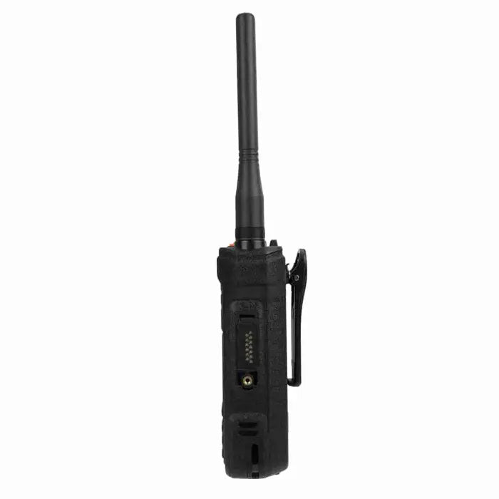 Black two-way radio with antenna.