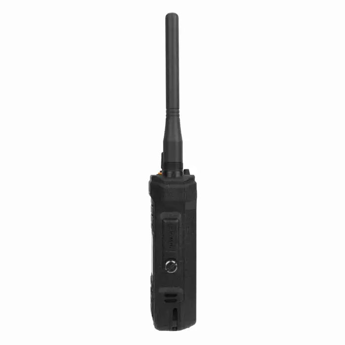 Black two-way radio with antenna.