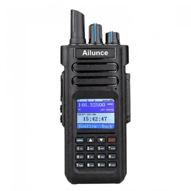 Black handheld two-way radio.