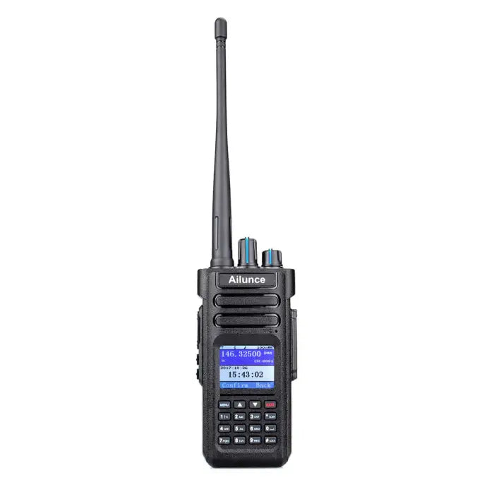 Black handheld two-way radio.