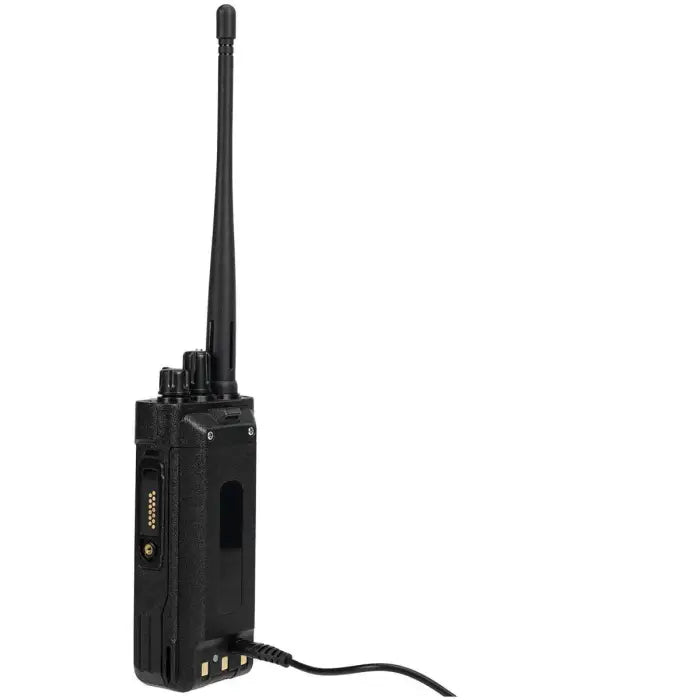 Black two-way radio with antenna.
