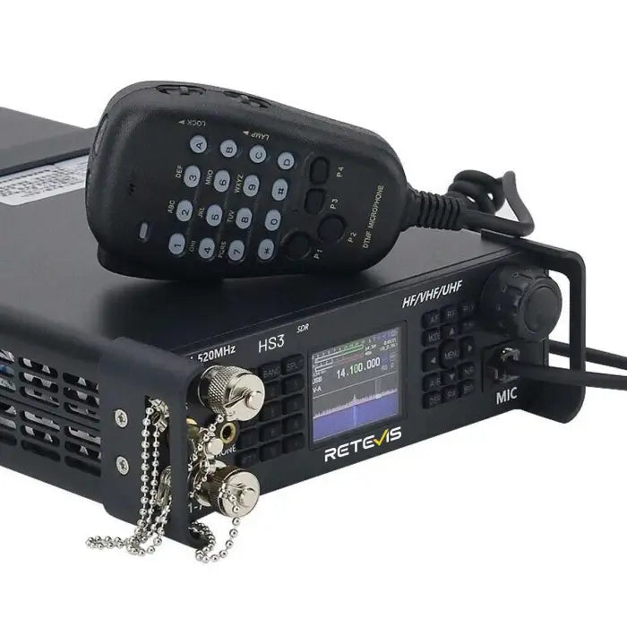 Black radio transceiver with microphone.