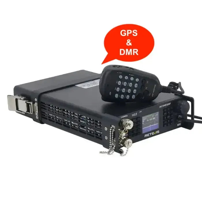 Black mobile two-way radio with microphone.