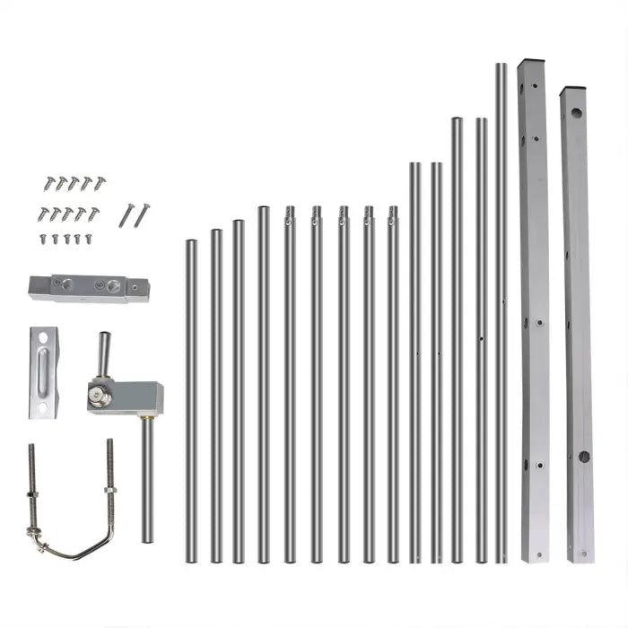Assorted metal hardware components.