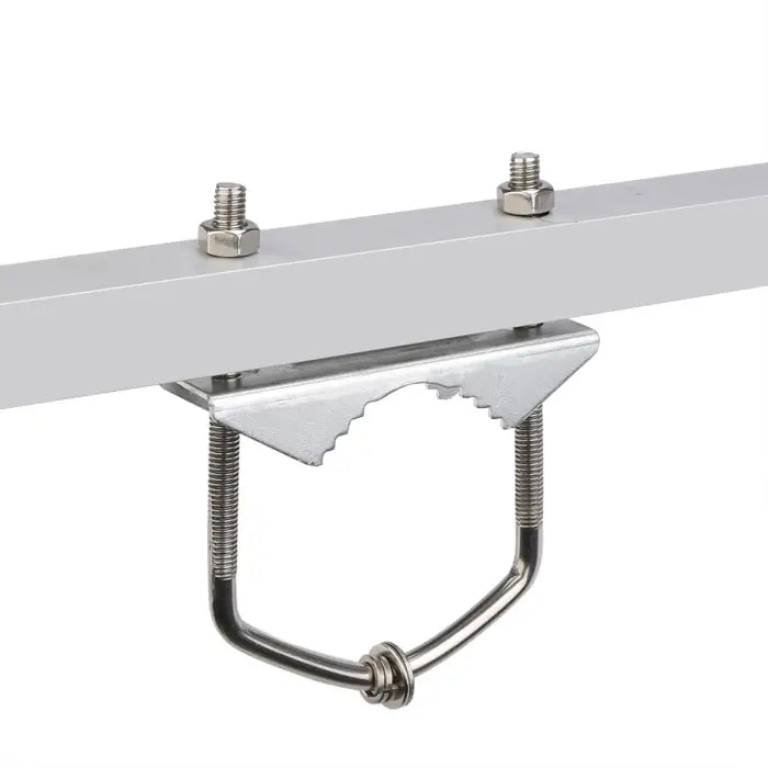 Metal U-bolt clamp with serrated edges.