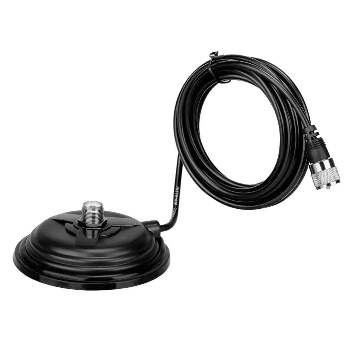 Black magnetic antenna mount with coaxial cable.
