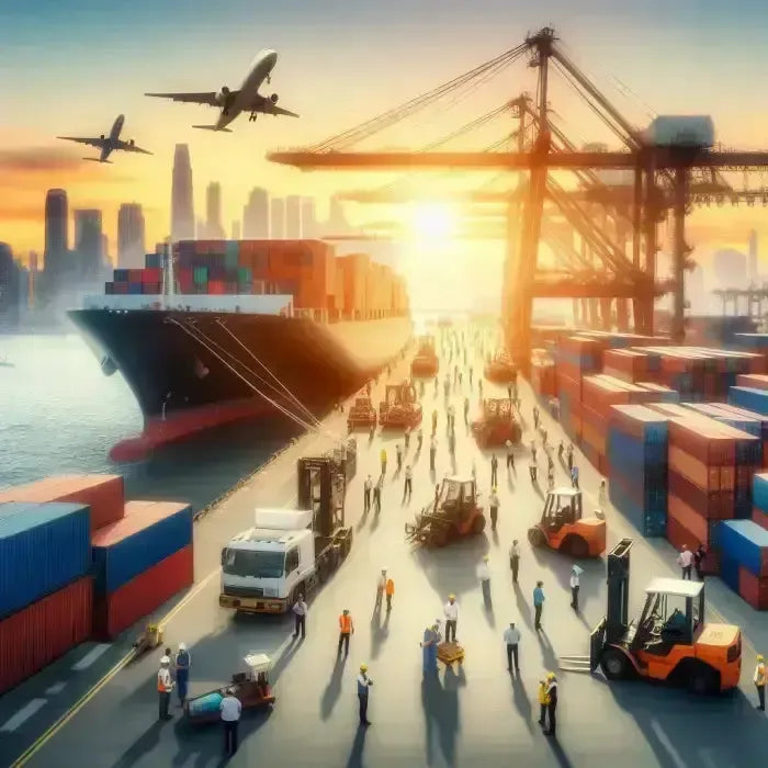 A bustling port with cargo ships, cranes, and many workers.