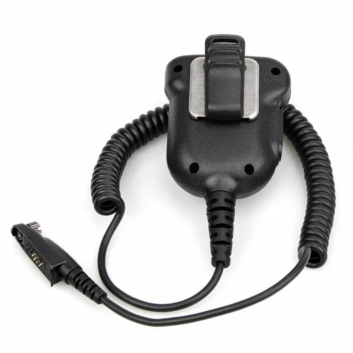 Black speaker microphone with coiled cords.