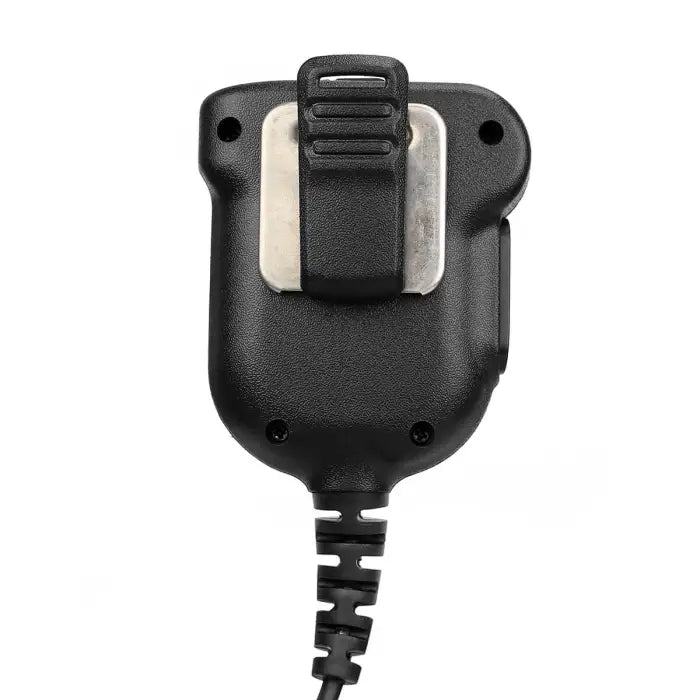 Black speaker microphone with metal clip.
