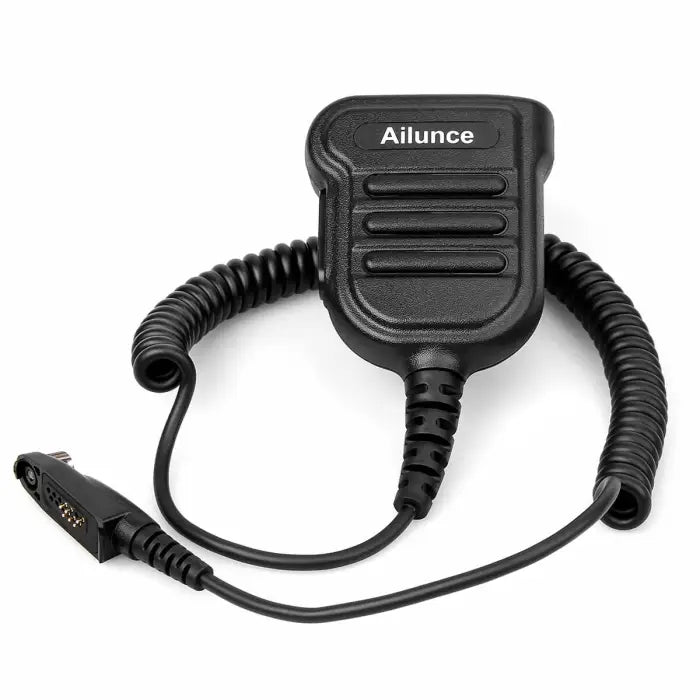 Black speaker microphone with coiled cord.