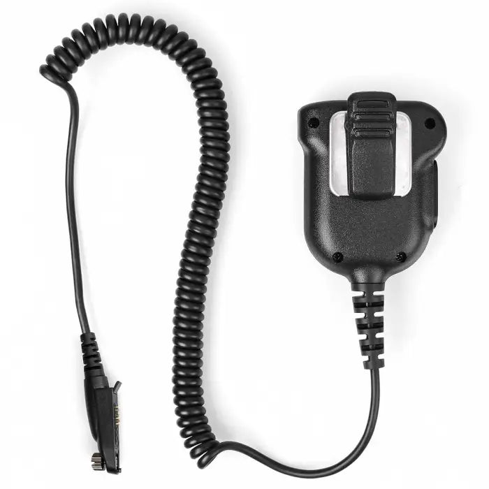 Black coiled microphone with clip.