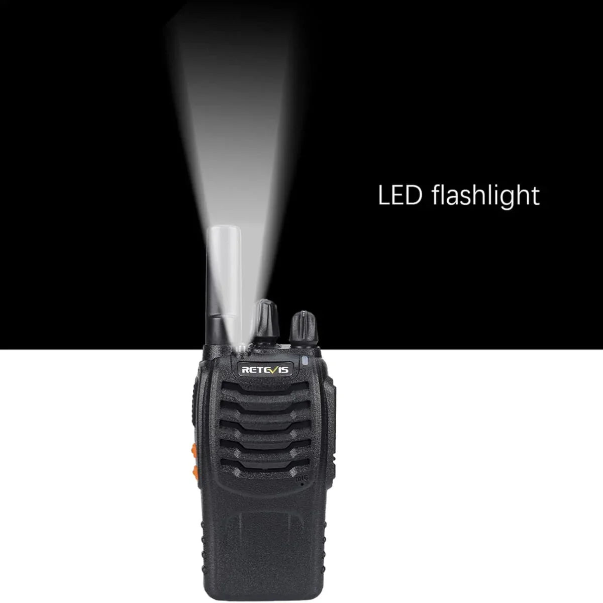 Black walkie-talkie with LED flashlight.