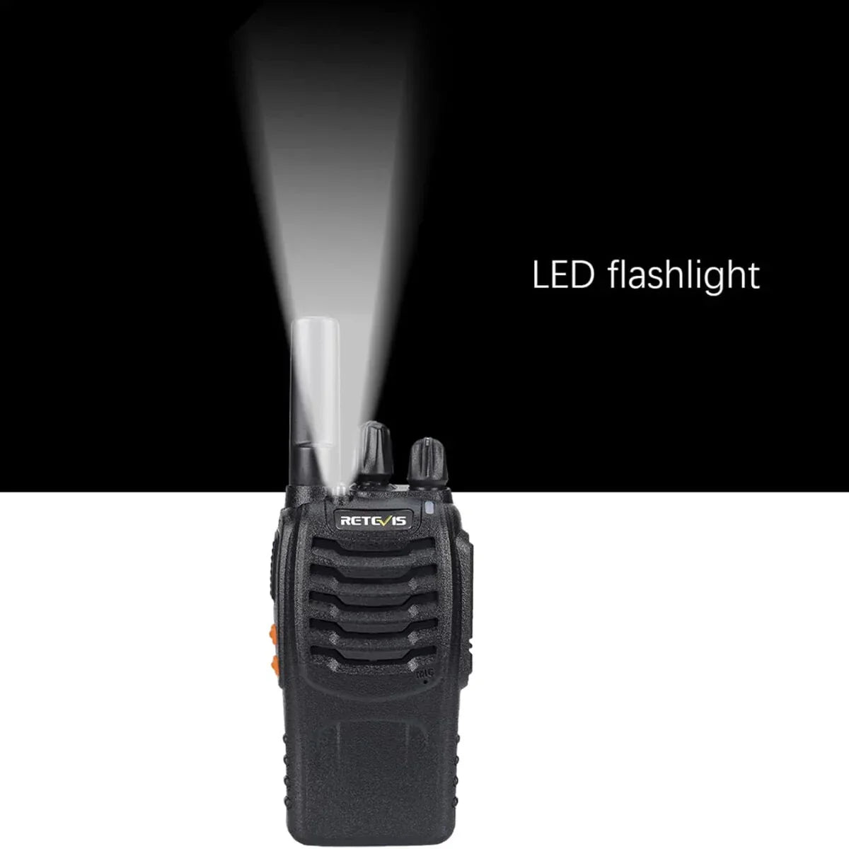 Black walkie-talkie with LED flashlight.
