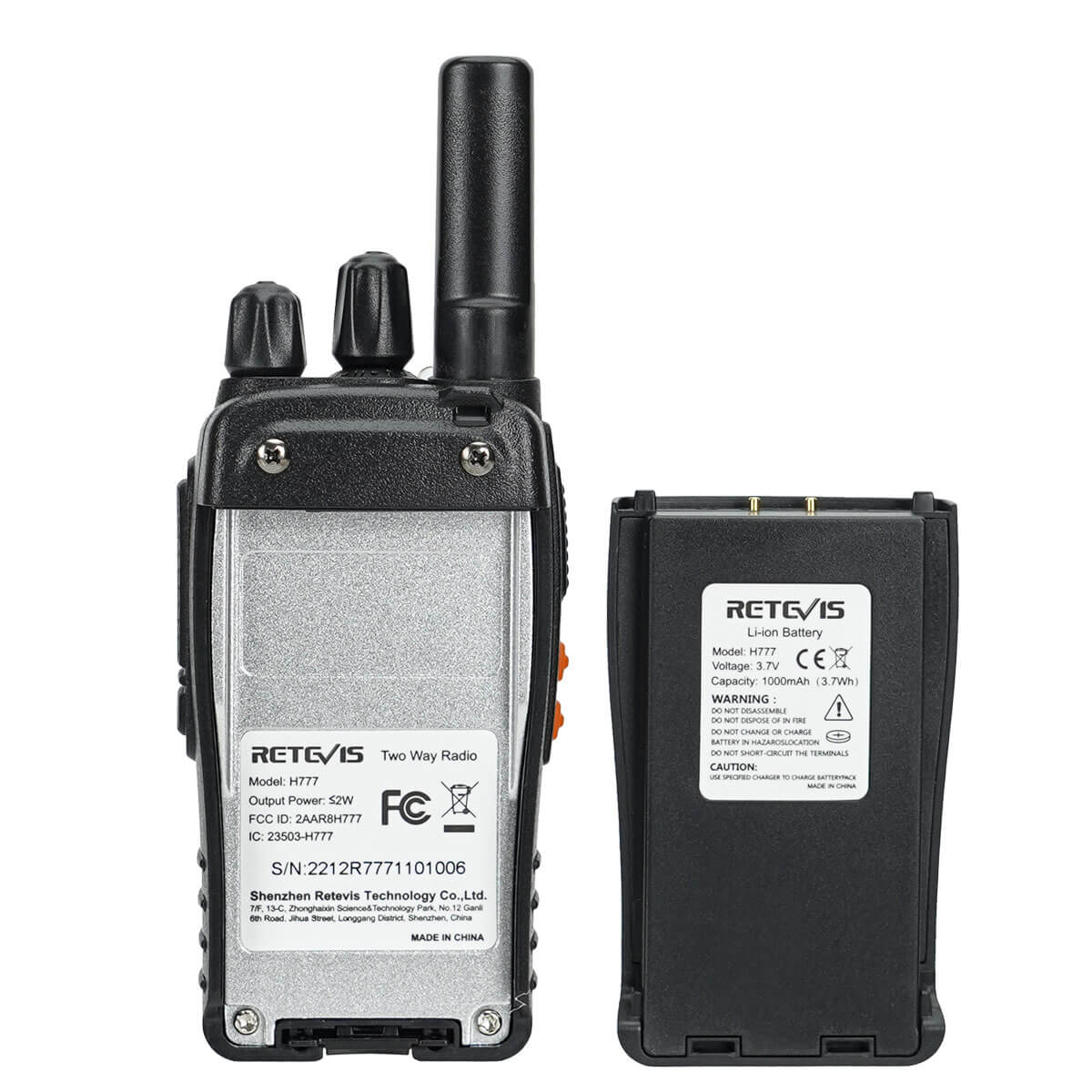 Two-way radio with battery.